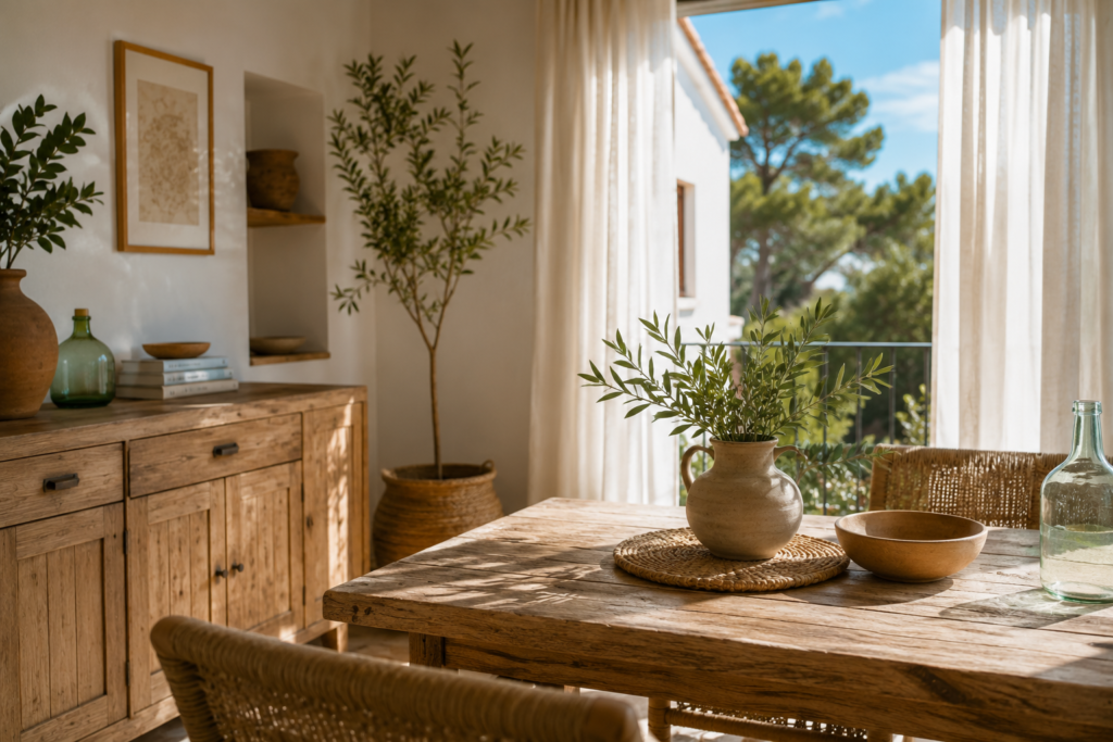 Estilo mediterraneo: mesa de madera con plantas