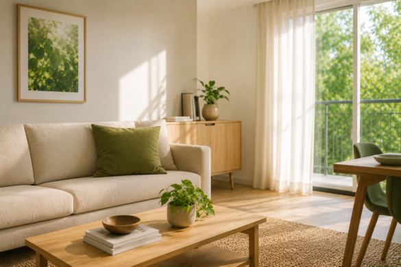 Salón luminoso y moderno con decoración en tonos neutros y plantas de interior que aportan frescura durante el verano.