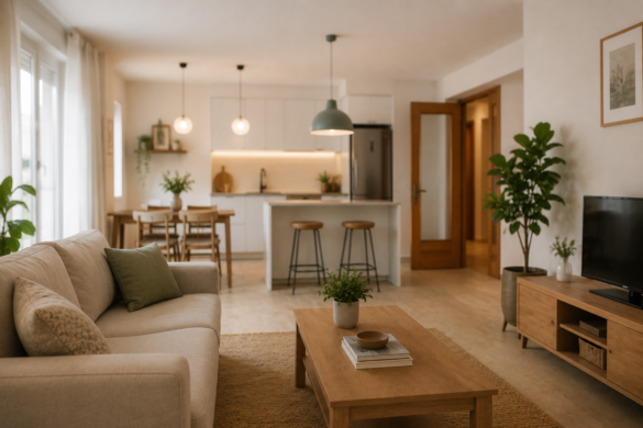 Salón-comedor y cocina en espacio abierto, con sofá beige, mesa de centro de madera, cocina blanca con isla y taburetes, y mesa de comedor al fondo, ilustrando la vivienda española actual sin comedor independiente.