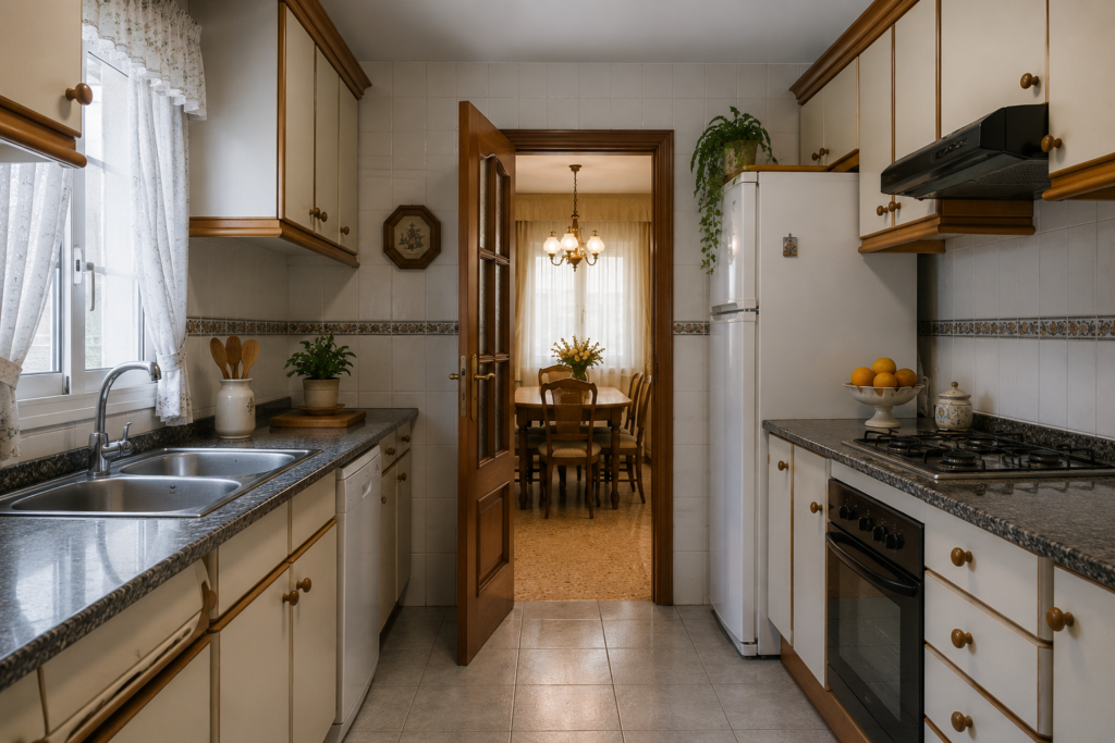 Cocina cerrada de una vivienda española tradicional con acceso independiente al comedor.