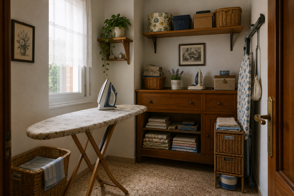Cuarto de la plancha de una vivienda antigua con tabla de planchar y espacio de almacenamiento.
