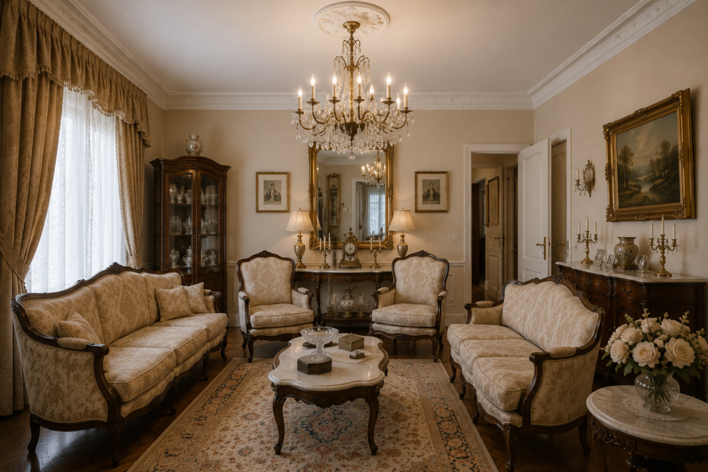 Salón de gala de una vivienda tradicional española con muebles clásicos y decoración elegante.