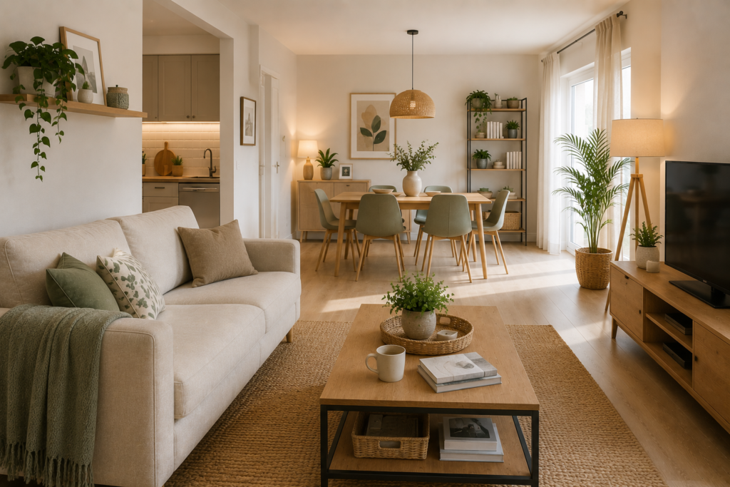 Salón, comedor y cocina integrados en una vivienda moderna, luminosa y funcional.
