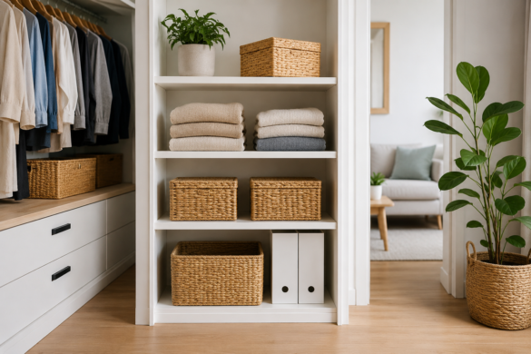 Armario abierto y estanterías perfectamente organizadas en una vivienda luminosa con soluciones de almacenaje funcionales.