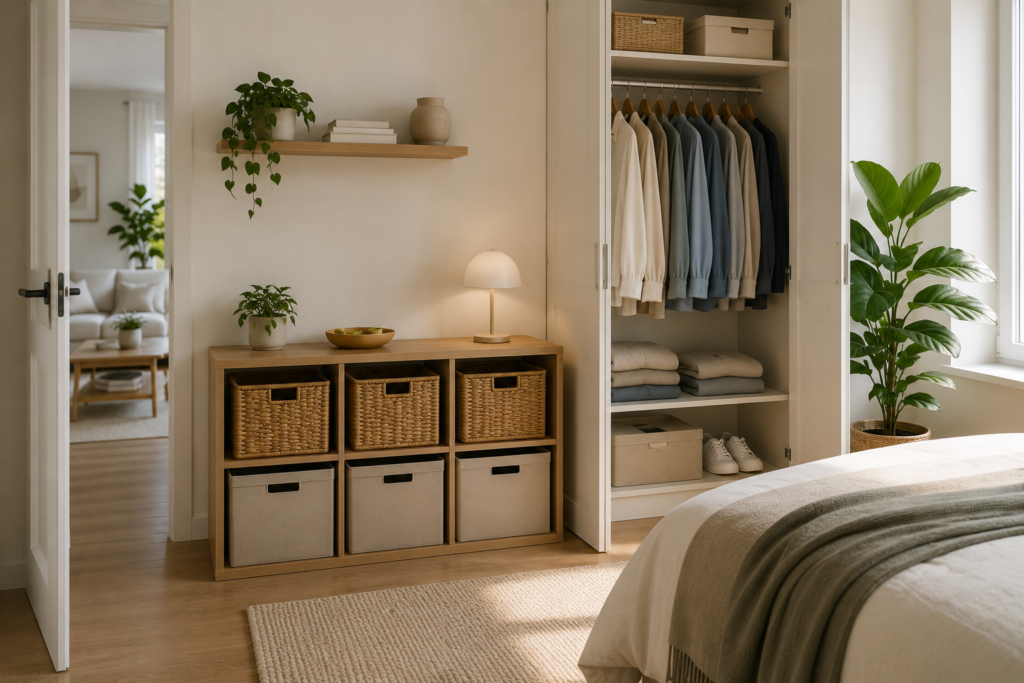 Dormitorio moderno y ordenado con armario organizado, muebles de almacenaje y decoración en tonos neutros que aprovechan el espacio de forma funcional.