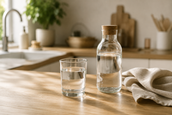 Cocina luminosa con vaso de agua y grifo moderno