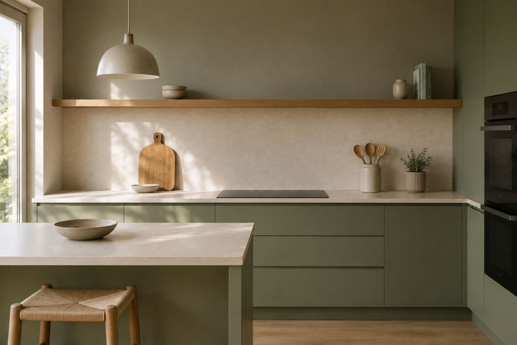 Cocina moderna en verde salvia con encimera clara, detalles de madera y decoración minimalista.