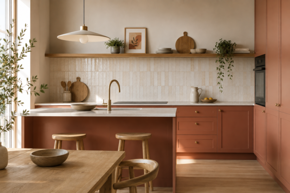 Cocina moderna en tonos terracota, con encimera clara, madera natural y detalles en tonos neutros.