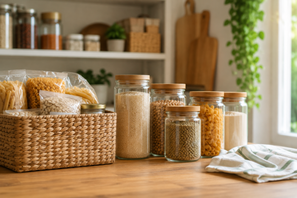 Despensa organizada con tarros de cristal y alimentos secos ordenados sobre una encimera de cocina siguiendo un sistema de almacenamiento doméstico.
