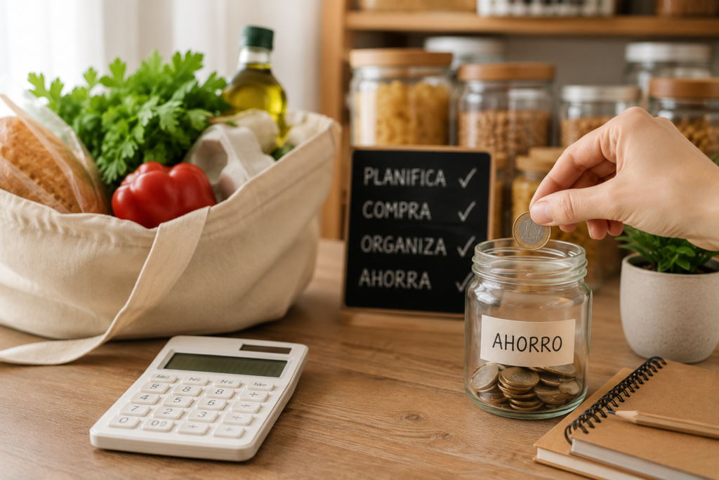 Mano introduciendo una moneda en un tarro de ahorro junto a una compra organizada, representando el ahorro económico al aprovechar mejor los alimentos y evitar compras innecesarias.