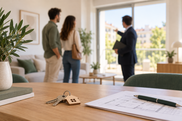 Agente inmobiliario mostrando una vivienda a una pareja, con llaves y planos en primer plano.